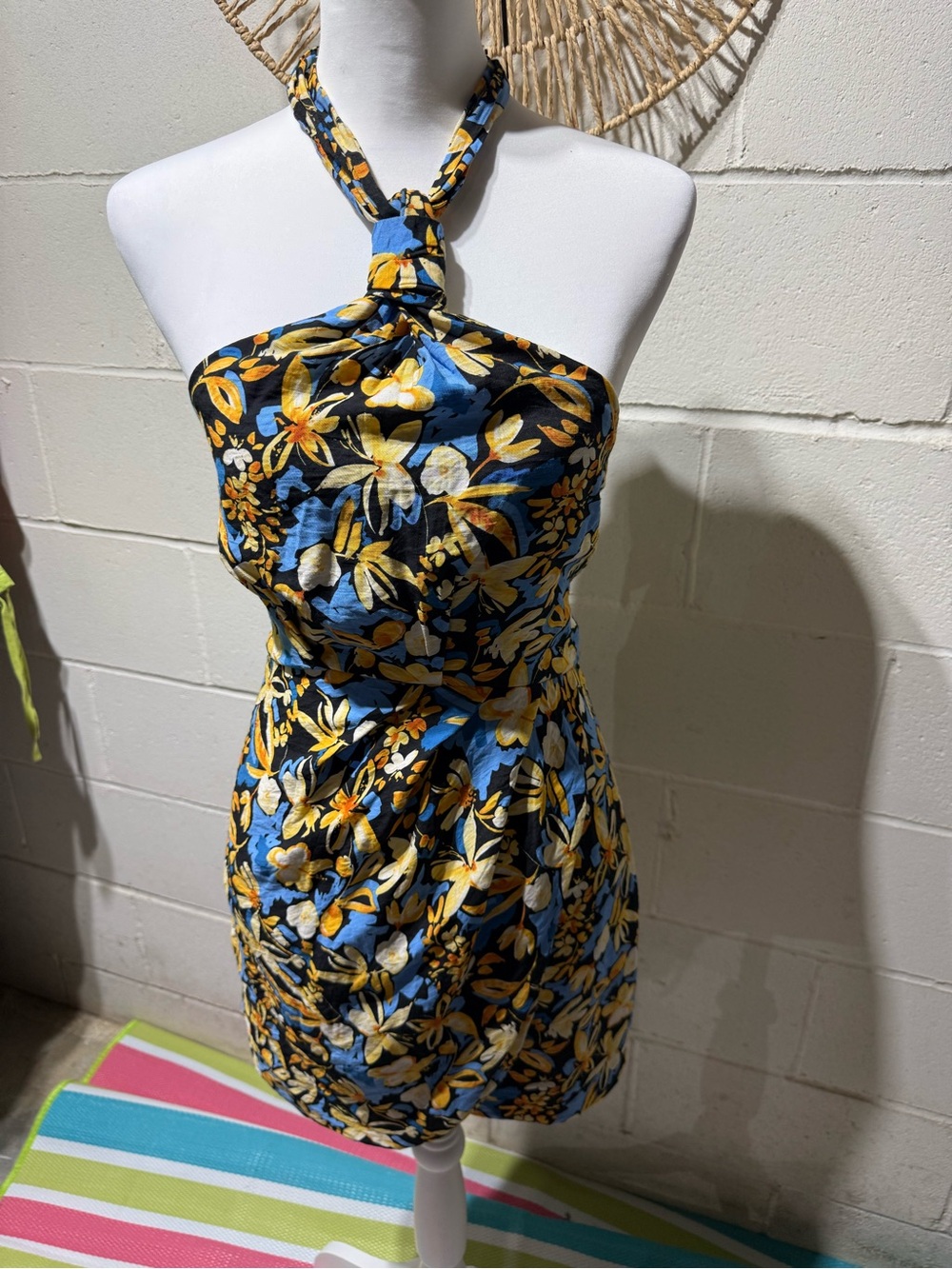 Lulu's Blue and Yellow Floral Strapless Halter Mini Dress